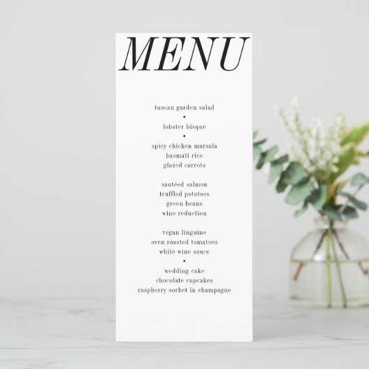 Unieke hedendaagse zwart wit typografie bruiloft menu (Staand voorkant)