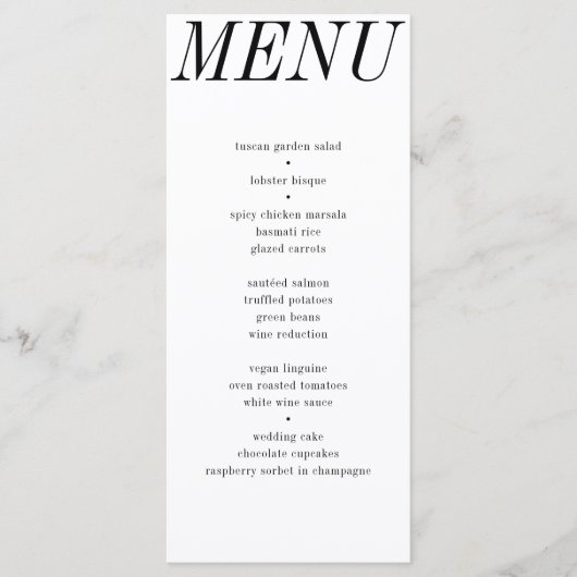 Unieke hedendaagse zwart wit typografie bruiloft menu (Voorkant)