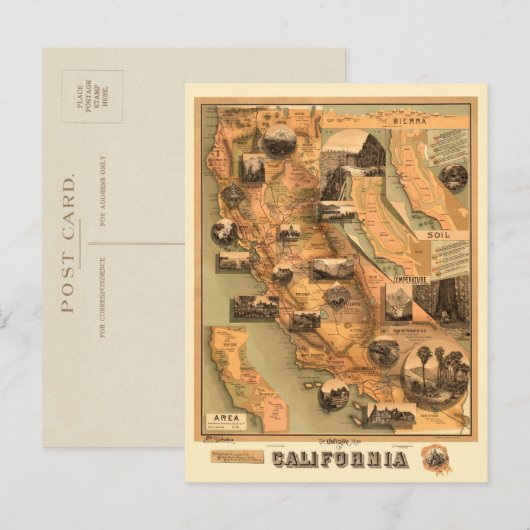  Unieke herstelkaart van Californië, 1885 Briefkaart (Voorkant / Achterkant)