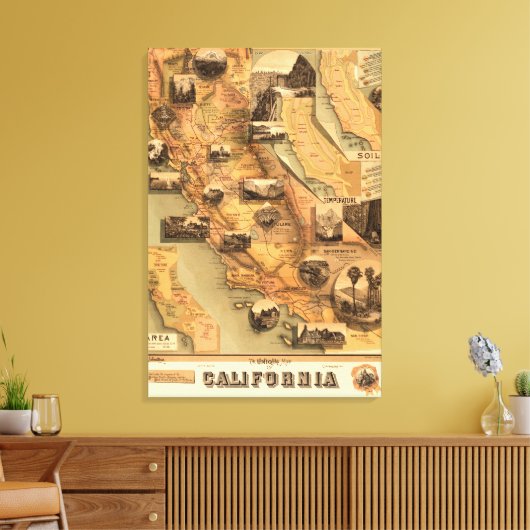  Unieke herstelkaart van Californië, 1885 Canvas Afdruk (Insitu (Woonkamer))