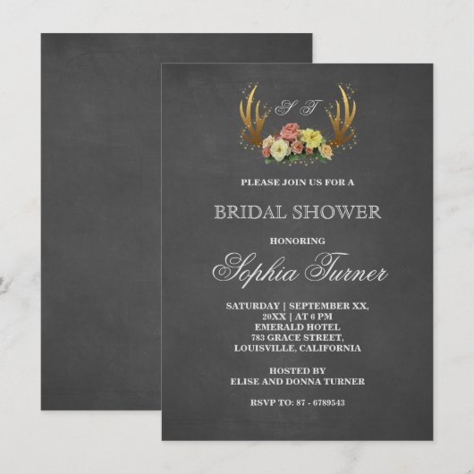 Unieke hertengewei bloemenkrijtbord bruidsdouche kaart (Voorkant / Achterkant)