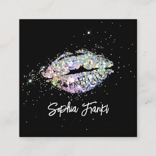 Unieke Holografische Glitter Lips Beauty Zwart Vierkante Visitekaartje (Voorkant)
