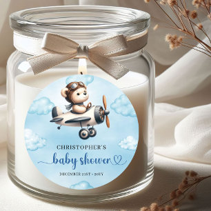 Unieke jongens babyshower sticker blauwe bruine te