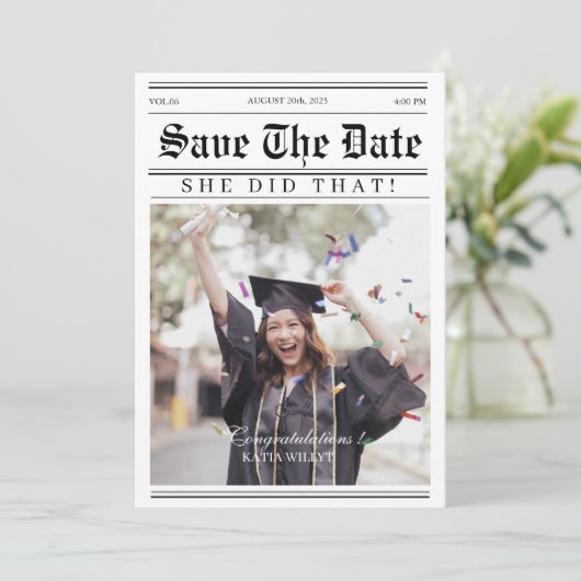 Unieke kalender krant foto Afstuderen Save The Date (Staand voorkant)