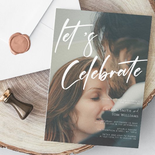 Unieke kalligrafie: Laten we vieren foto bruiloft Kaart