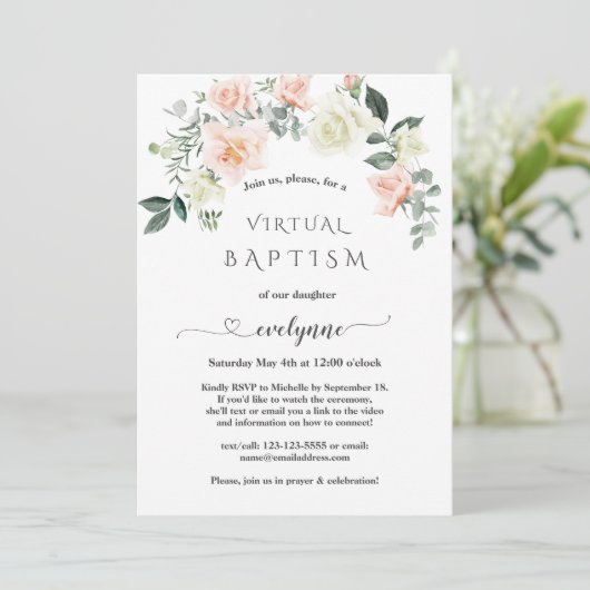 Unieke kalligrafie Roze Bloemen Virtuele Doop Kaart (Staand voorkant)