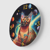 Unieke kat in ruimte gekleurd potlood schilderen grote klok (Hoek)