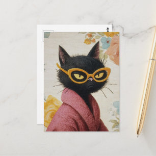 Unieke kattenattitude in badjas en bril briefkaart
