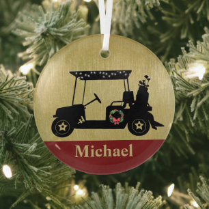 Unieke kerst-golfkar met clubs voornaam glas ornament