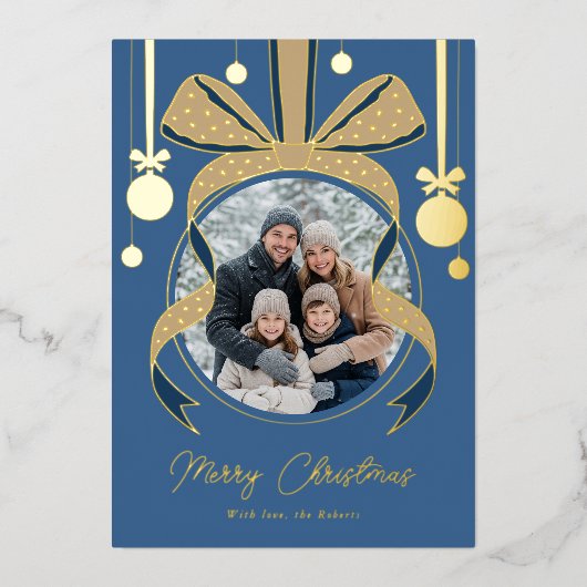 Unieke kerst ornament lint boog foto blauw folie feestdagenkaart (Voorkant)