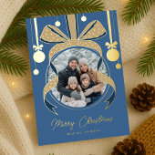 Unieke kerst ornament lint boog foto blauw folie feestdagenkaart