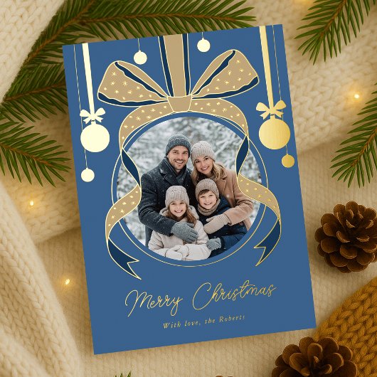 Unieke kerst ornament lint boog foto blauw folie feestdagenkaart