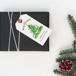Unieke kerstboom in rood Groen op Witte Douane Cadeaulabel