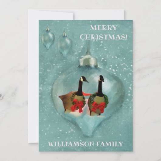 Unieke kerstganzenornament Snow Red Bow FLAT Feestdagenkaart (Voorkant)