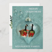 Unieke kerstganzenornament Snow Red Bow FLAT Feestdagenkaart (Voorkant / Achterkant)