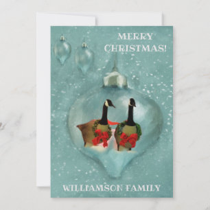 Unieke kerstganzenornament Snow Red Bow FLAT Feestdagenkaart