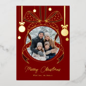 Unieke Kerstmis Ornament Lint Boog Foto Folie Feestdagenkaart (Voorkant)