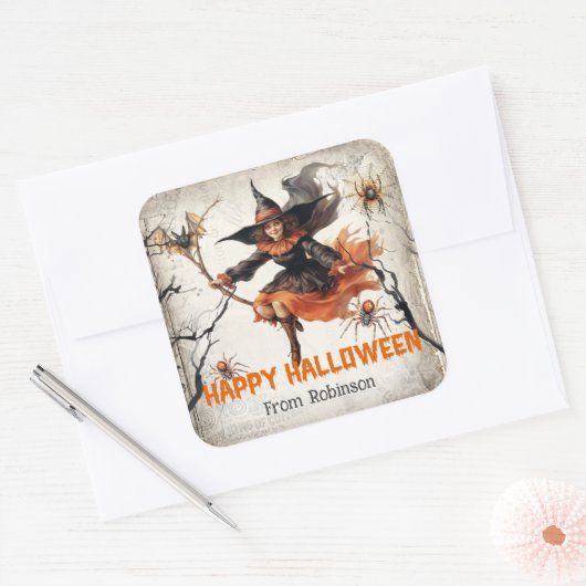 Unieke  klassieker spooky schattige slechte heks vierkante sticker (Envelop)