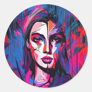 Unieke kleurrijke Abstracte dame gezicht schildere Ronde Sticker