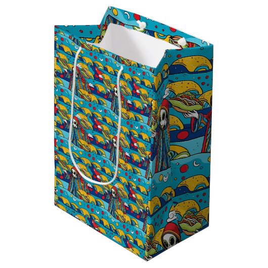Unieke Kleurrijke Alien eten Tacos Wrapping Paper Medium Cadeauzakje (Voorkant Gekanteld)