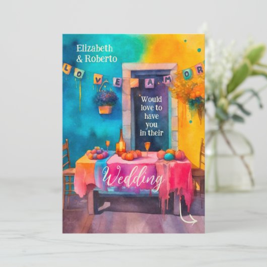 Unieke Kleurrijke Patio Mexicaanse bruiloft Kaart (Staand voorkant)