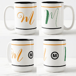 Unieke koffeeiemok met monogram en initiaal (Cadea Tweekleurige Koffiemok