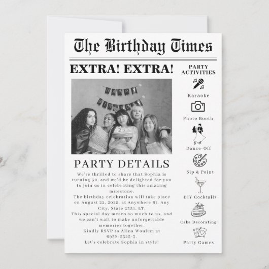 Unieke krant 30ste verjaardag foto Uitnodiging (Achterkant)