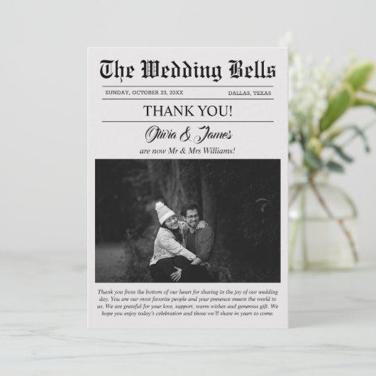 Unieke krant bruiloft foto Dank u kaart (Staand voorkant)