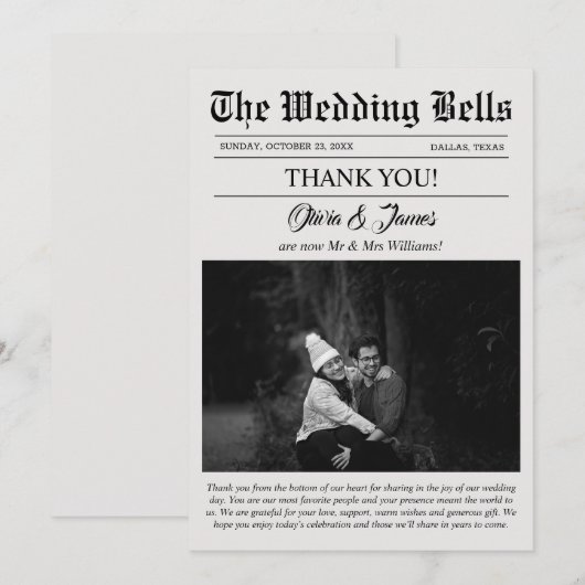 Unieke krant bruiloft foto Dank u kaart (Voorkant / Achterkant)