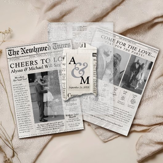Unieke krant bruiloft monogram moderne overlay vellum uitnodigingen
