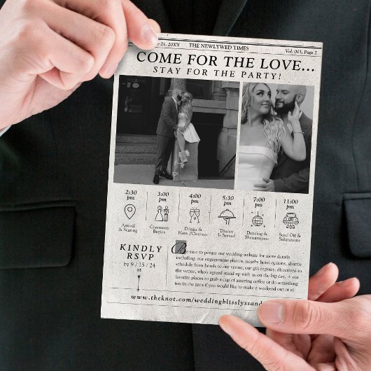 Unieke krant bruiloft uitnodiging foto tijdlijn