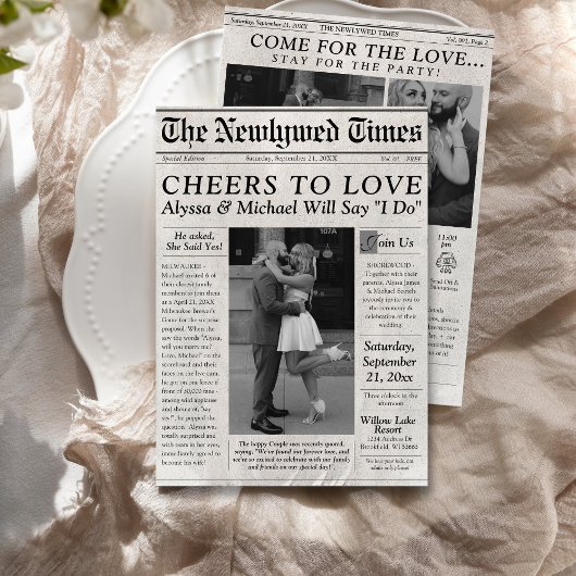 Unieke krant bruiloft uitnodiging foto tijdlijn