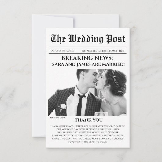 Unieke krant foto bruiloft dank u kaart (Voorkant)