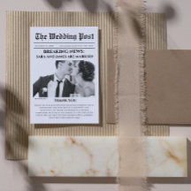 Unieke krant foto bruiloft dank u kaart