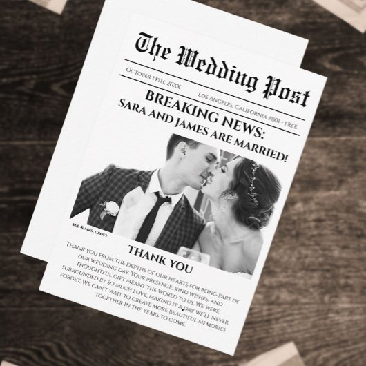 Unieke krant foto bruiloft dank u kaart