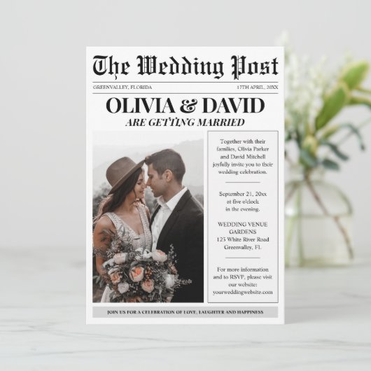 Unieke krant foto bruiloft kaart (Staand voorkant)