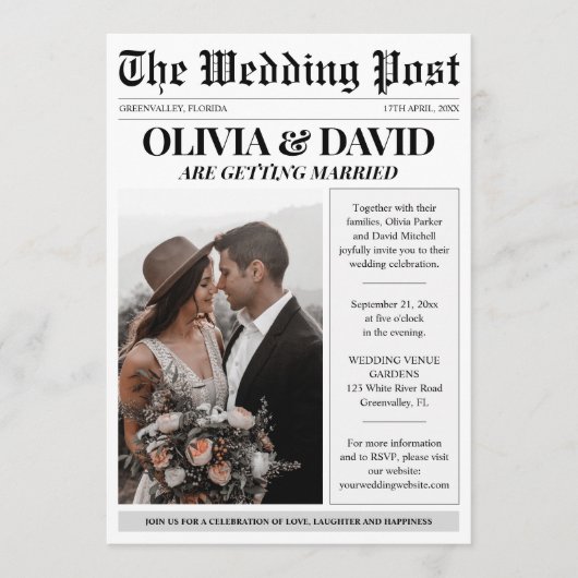 Unieke krant foto bruiloft kaart (Voorkant)