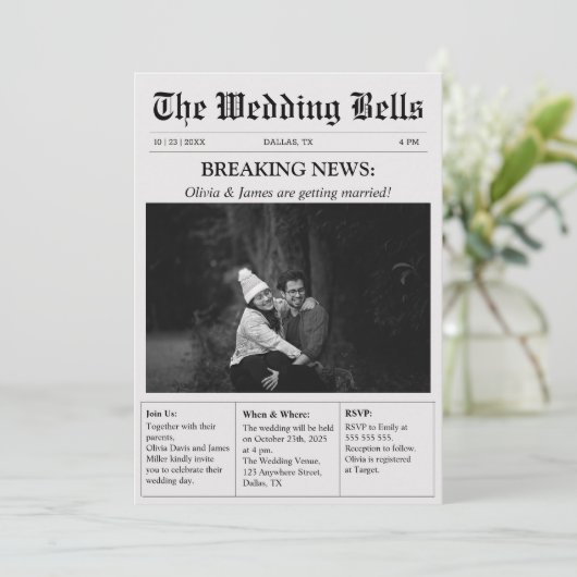 Unieke krant  foto bruiloft kaart (Staand voorkant)