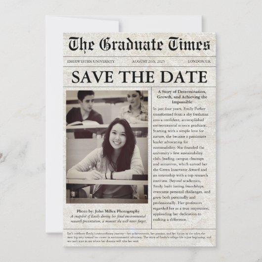 Unieke krantenfoto afstuderen save the date (Voorkant)