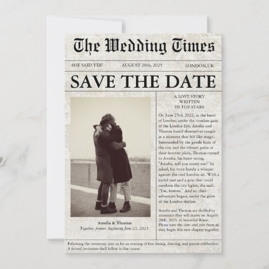 Unieke krantenfoto bruiloft Bewaar de datum Kaart (Voorkant)