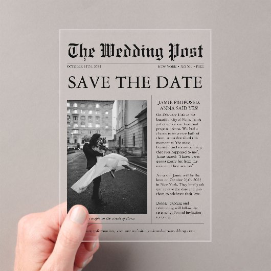 Unieke krantenfoto Sla de datum op Acryl Uitnodigingen (Insitu (Draagbaar))