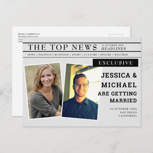 Unieke krantenkopfoto opslaan Datum Uitnodiging Briefkaart (Voorkant / Achterkant)