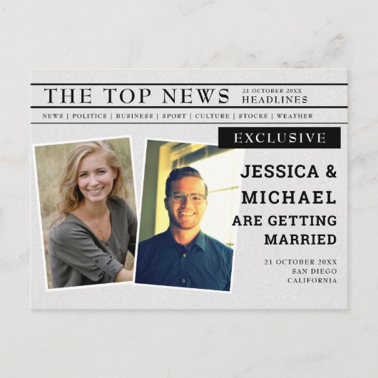 Unieke krantenkopfoto opslaan Datum Uitnodiging Briefkaart (Voorkant)