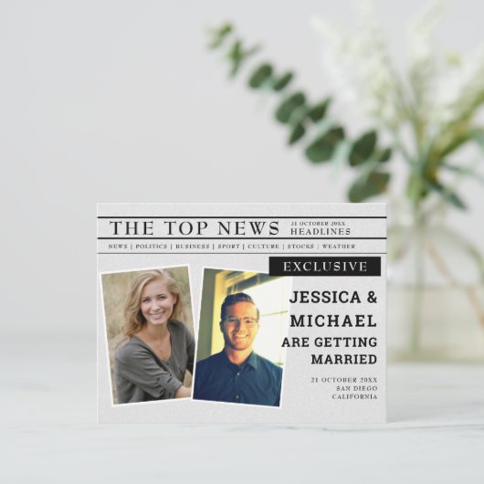 Unieke krantenkopfoto opslaan Datum Uitnodiging Briefkaart (Staand voorkant)