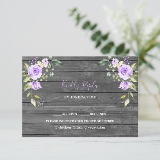 Unieke Lavendel Bloemen Schuur Houten Bruiloft RSVP Kaartje (Staand voorkant)
