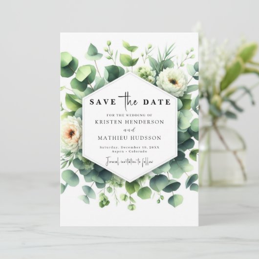 Unieke Leaf Eucalyptus digitale bruiloft Save The Date (Staand voorkant)