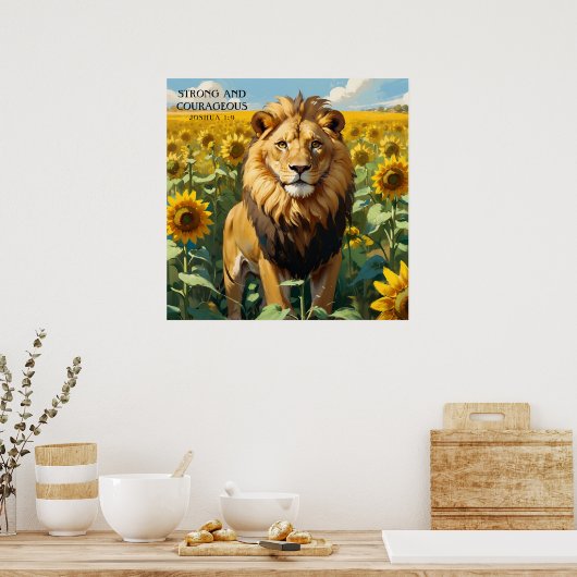 Unieke leeuw in geel zonnebloem veld geloof poster (Keuken)
