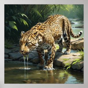 Unieke Leopard Drink Water in River Painting Poster