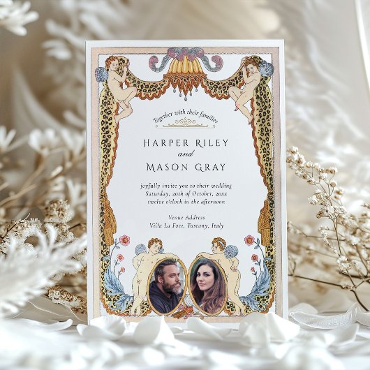 Unieke Leopard Print Cherub Fotobruiloft Kaart