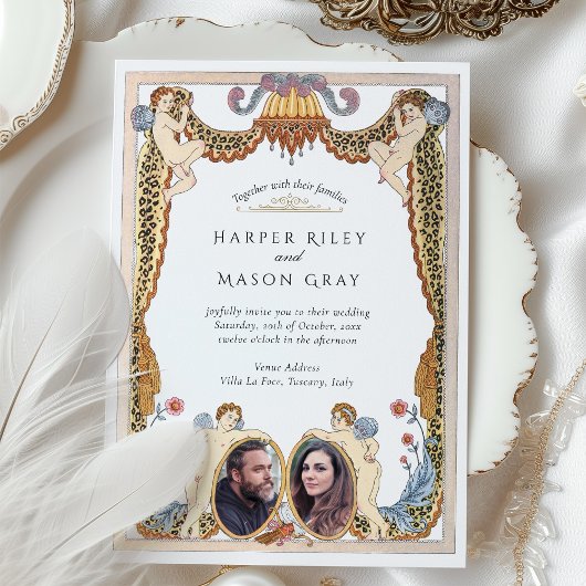 Unieke Leopard Print Cherub Fotobruiloft Kaart